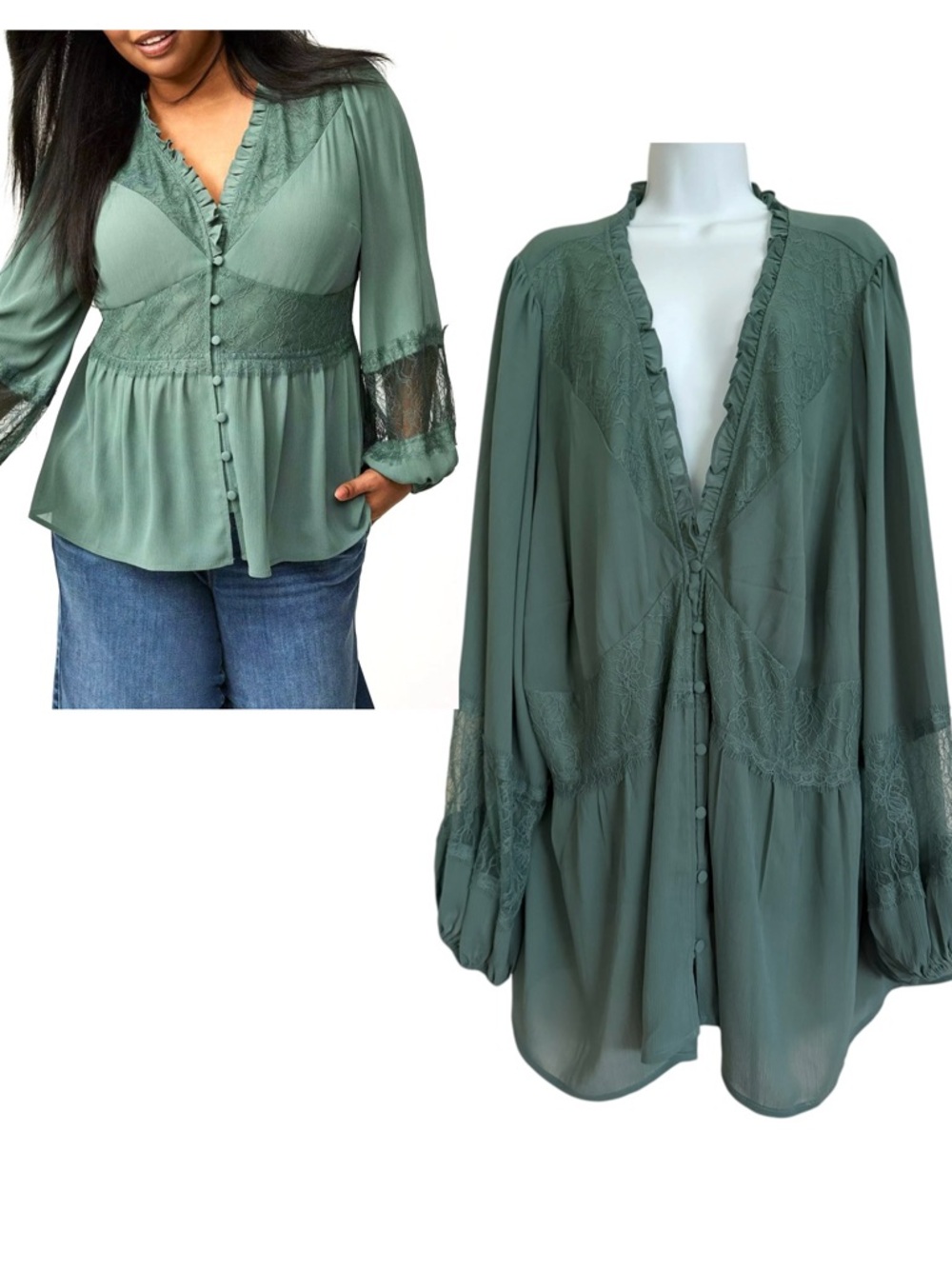 Torrid Green Peplum Lace Blouse Size 5 Button Front Ruffled V Neck Long Sleeve